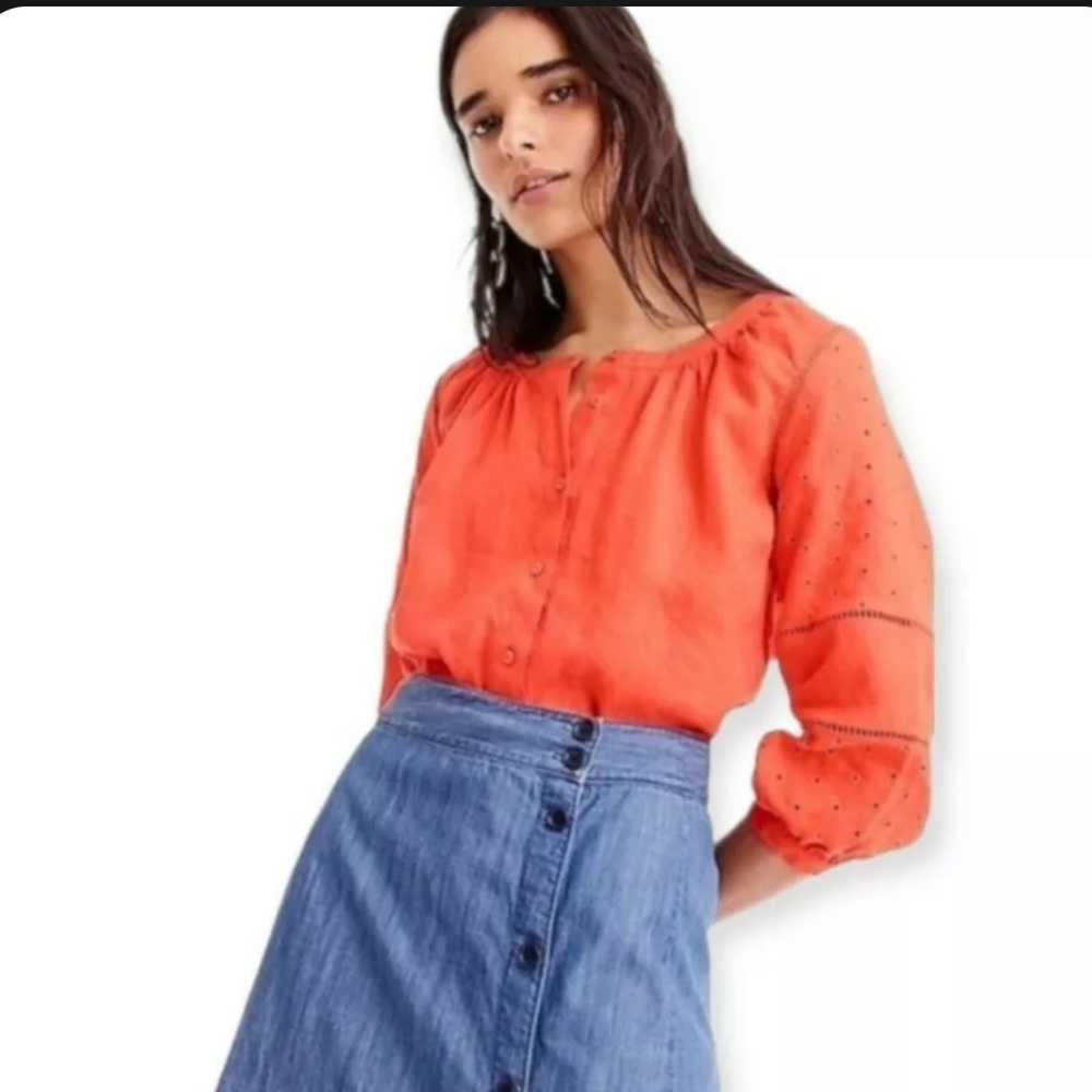 J. Crew Orange Linen Eyelet Blouse